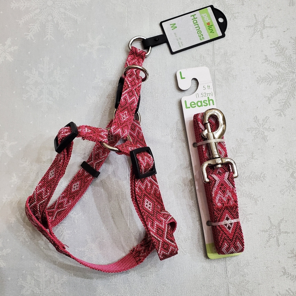 NIP New Petluv Pink Cream Brown Medium Dog Adjustable Harness & Large Leash Set